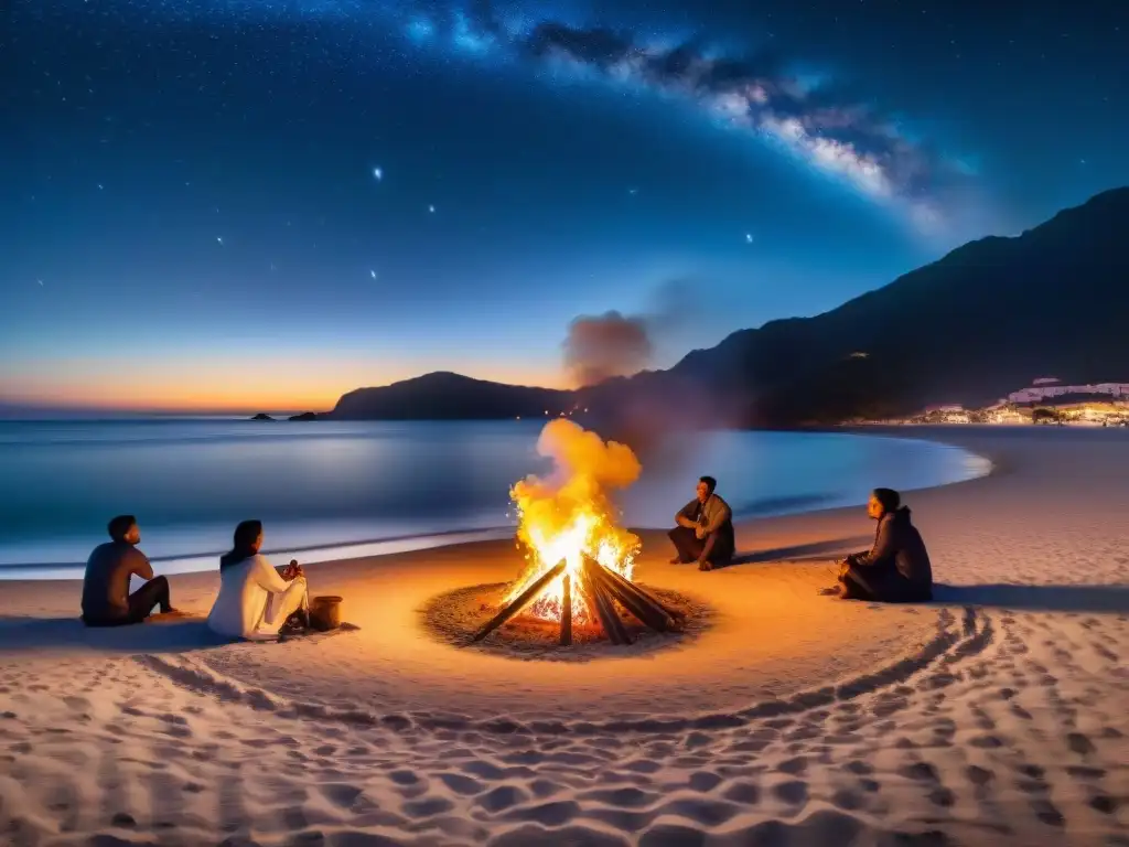 Rituales de San Juan: Noche mágica en la playa Un grupo de personas en la playa alrededor de una fogata, participando en las tradiciones de la Fiesta de San Juan