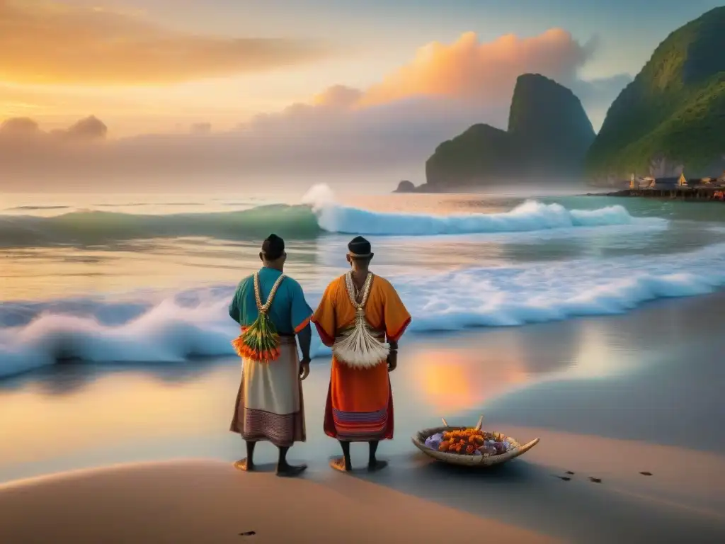 Ceremonia ancestral de pescadores al amanecer Grupo de pescadores indígenas en la playa al amanecer, realizando un ritual tradicional para honrar al mar
