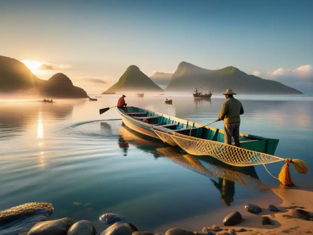 Pescadores artesanales en acción al amanecer en Paraíso Costero Grupo de pescadores locales trabajando juntos en un bote tradicional al amanecer, resaltando la importancia de la pesca artesanal en Paraíso Costero