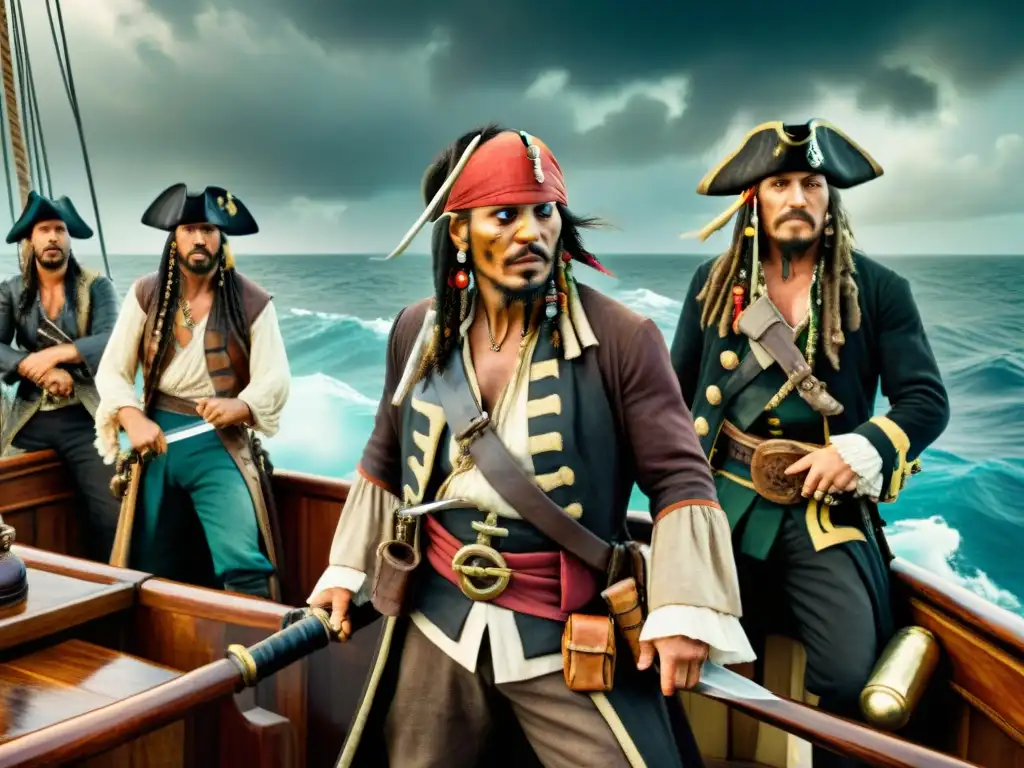 Épica escena de piratas en alta mar: aventura y peligro Un grupo de piratas intrépidos a bordo de un barco desgastado en medio de mares turbulentos y un cielo tormentoso