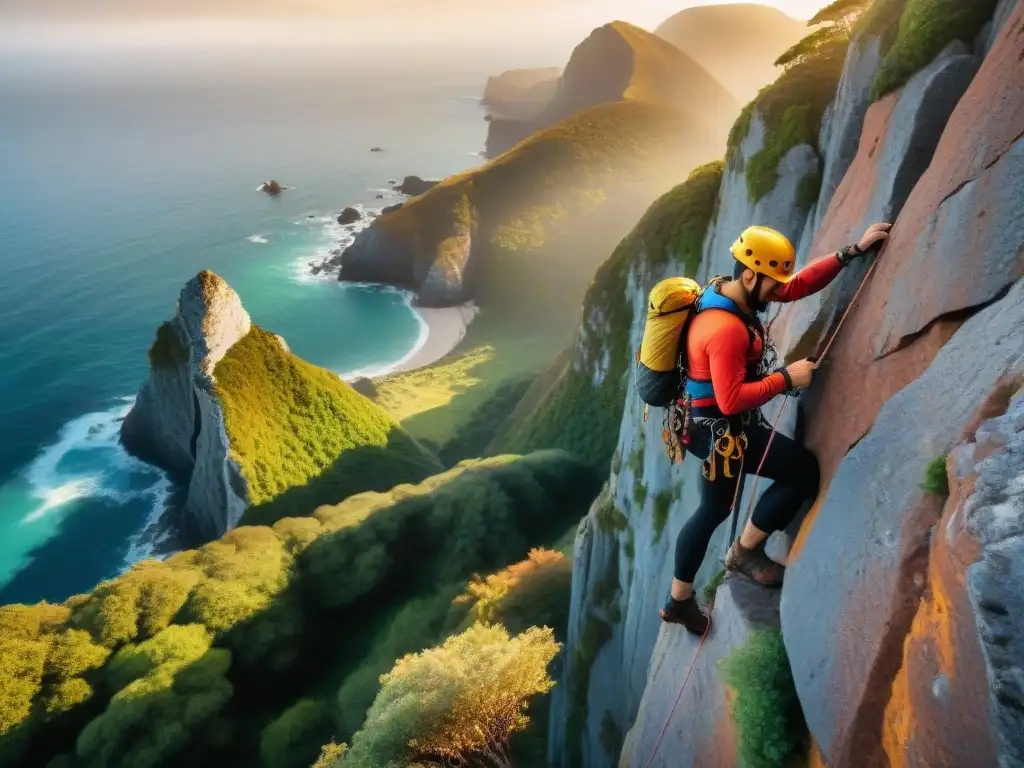 Escalada en acantilados: emocionante aventura al atardecer Grupo de principiantes escalando acantilado al atardecer con el mar brillante abajo, mostrando determinación y trabajo en equipo