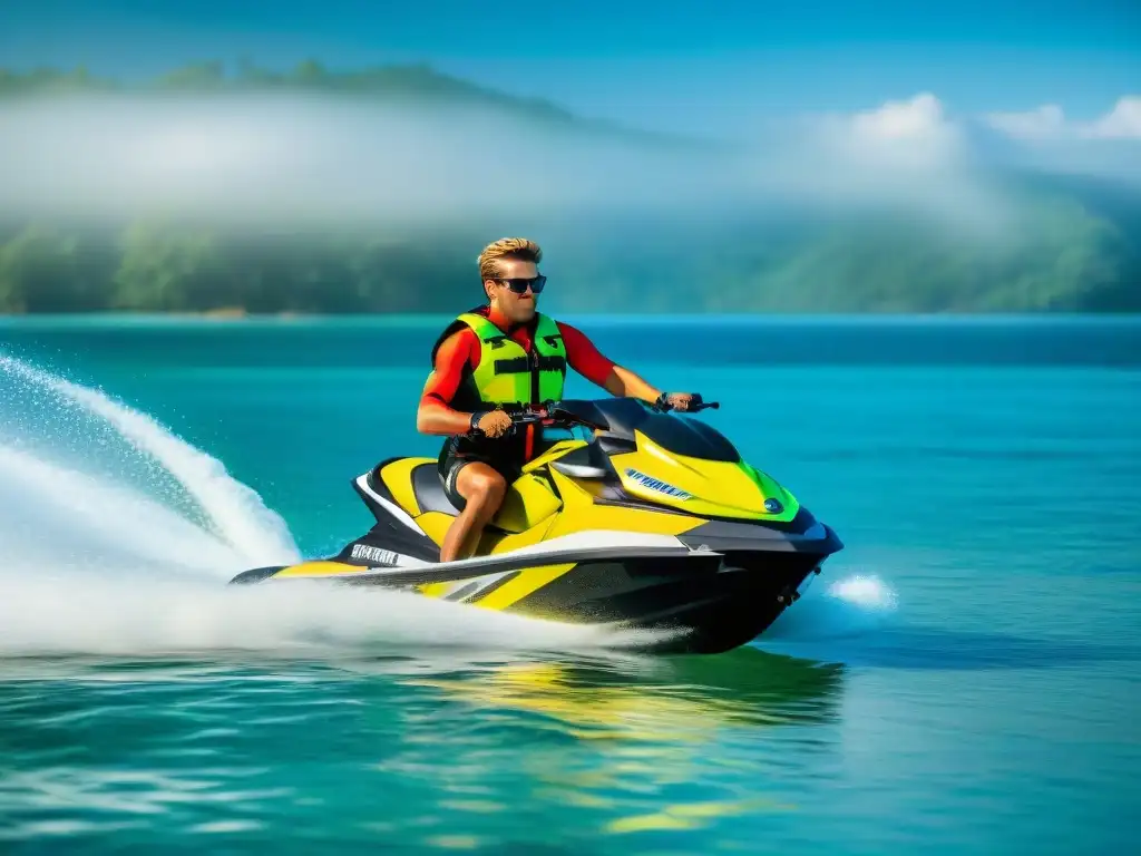 Emoción y seguridad: instructivo de jet ski frente al mar Grupo de principiantes con chalecos salvavidas recibiendo instrucciones sobre cómo operar una moto acuática en aguas costeras cristalinas
