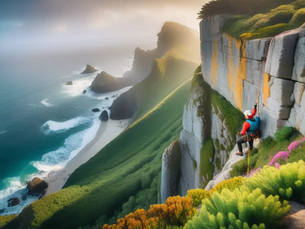 Emoción en la Roca: Aprendizaje de Escalada en Acantilados Grupo de principiantes aprendiendo escalada en acantilados junto al mar, entre olas, con emoción y determinación