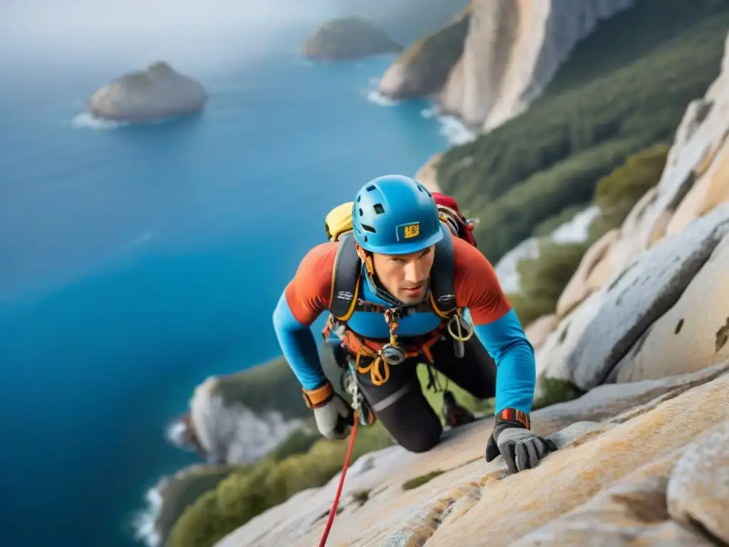 Desafío vertical: Escalada en acantilados con determinación Grupo de principiantes escaladores en acantilado, concentrados y determinados, con paisaje costero impresionante