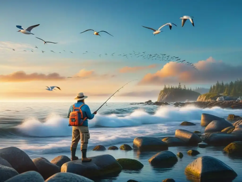 Emoción costera: pescadores principiantes disfrutan del atardecer Grupo de principiantes en pesca costera, lanzando anzuelos al mar azul al atardecer