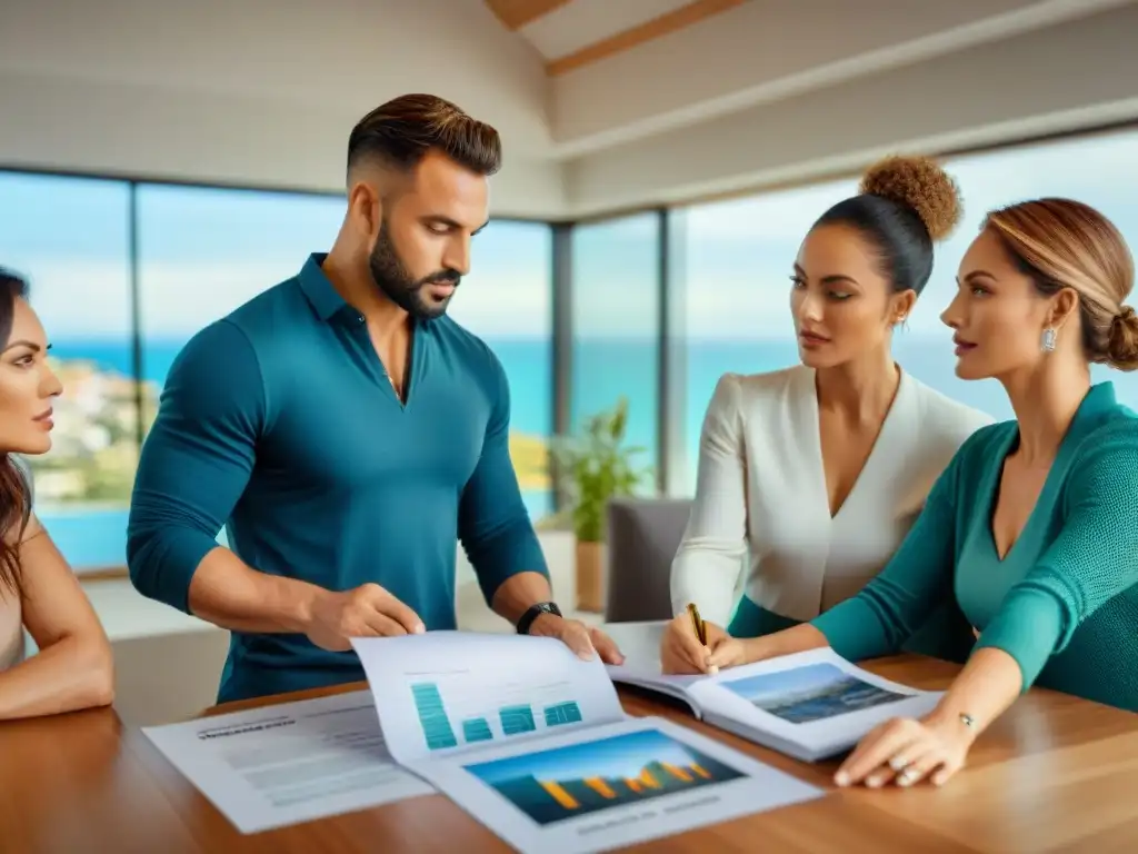 Profesionales inmobiliarios analizan tendencias del mercado costero Grupo de profesionales inmobiliarios analizando tendencias mercado propiedades costeras en una sala luminosa con informes y gráficos