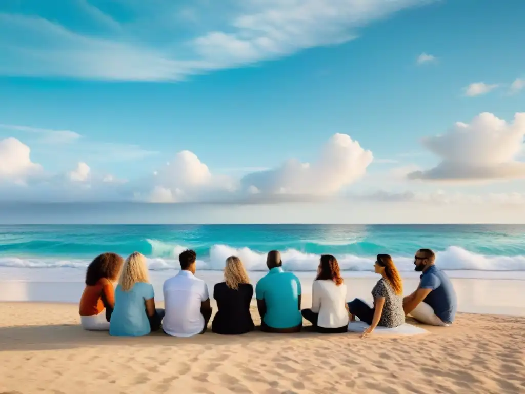Taller de profesionales en la playa: aprendizaje y relajación Un grupo de profesionales participando en un taller en la playa, rodeados de belleza natural