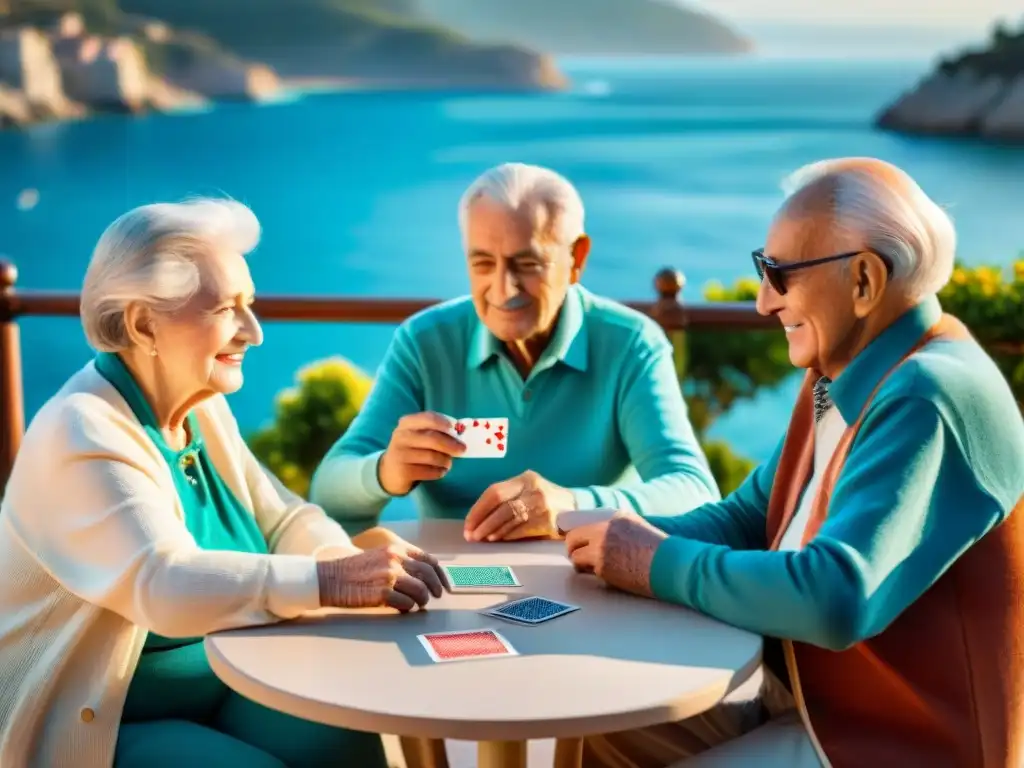 Juego de cartas junto al mar: comunidad y relax en la Costa Brava Grupo de residentes mayores disfrutando de un juego de cartas en una terraza soleada con vista al mar en una casa de retiro perfecta en la Costa Brava