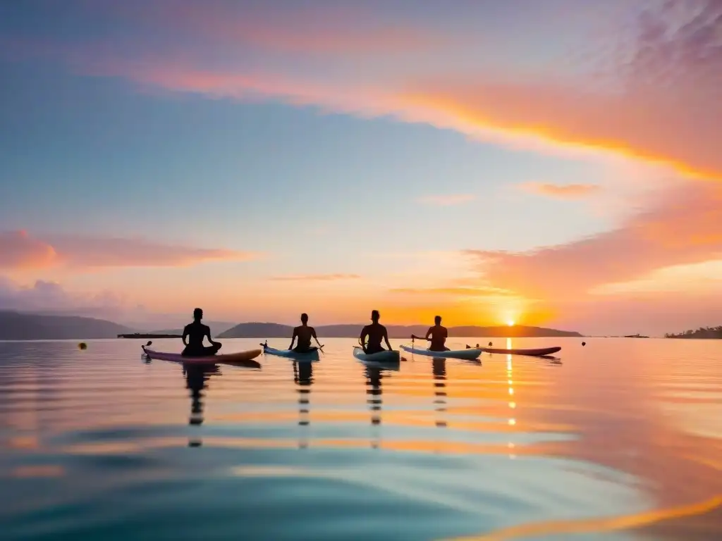 Yoga en paddle board al amanecer en el mar tranquilo Grupo practicando standup paddle yoga al amanecer en mar tranquilo, con tablas de colores flotando y sol dorado de fondo
