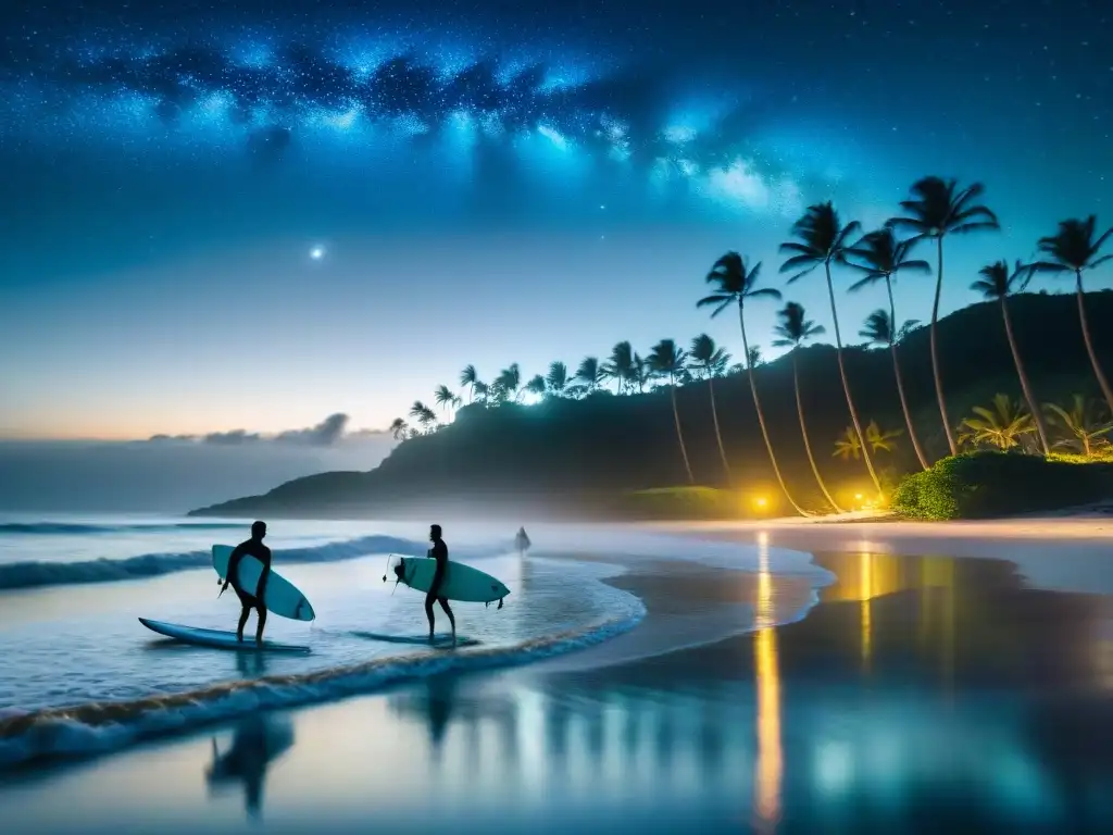 Surf nocturno: Plankton luminoso bajo la luna Un grupo de surfistas surfeando bajo la luz de la luna en una playa remota, con un sendero de plancton bioluminiscente