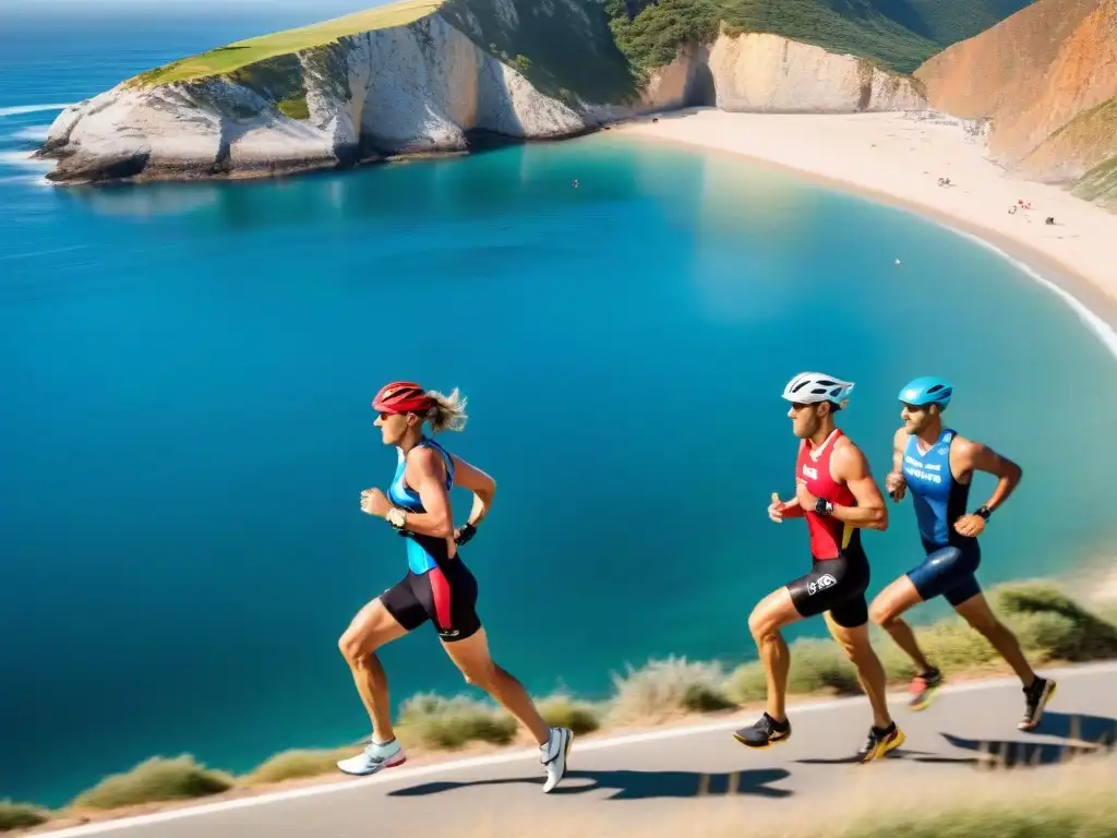 Triatletas en acción: desafío y belleza costera Grupo de triatletas corriendo con determinación en entornos costeros, mostrando la intensidad de la competencia