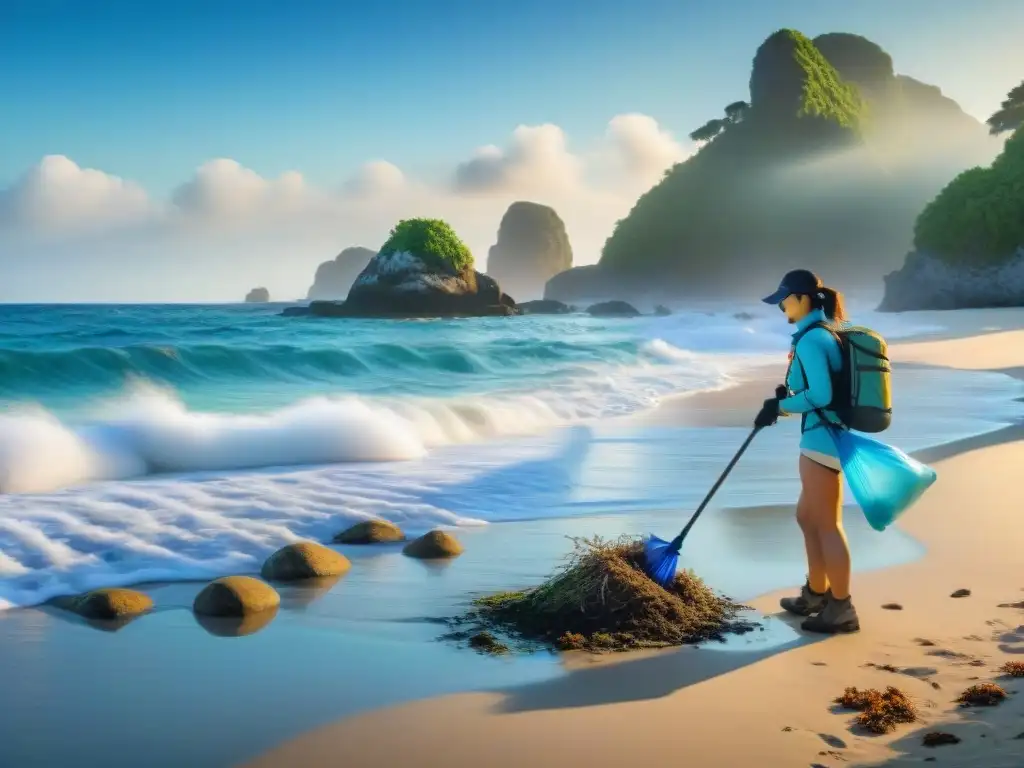 Voluntarios en acción: Limpieza de playa para conservar la naturaleza Un grupo de turistas participando en la restauración de ecosistemas costeros durante una limpieza en la playa