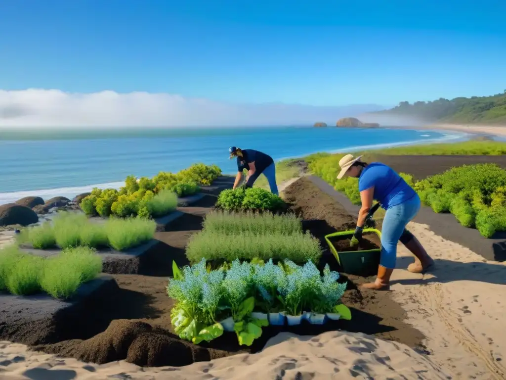 Restauración costera: voluntarios plantan esperanza en el ecosistema marino Grupo variado de voluntarios restaurando ecosistemas costeros con esperanza y colaboración en proyecto turismo