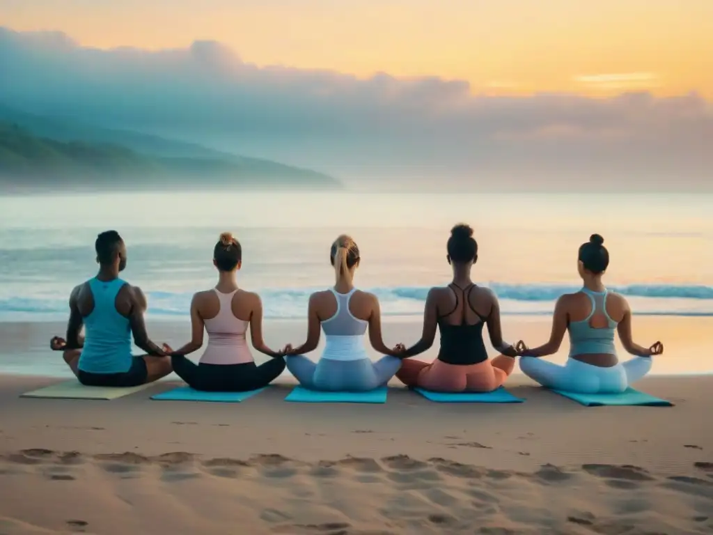 Yoga en la playa al amanecer: armonía y unidad en la naturaleza Grupo variado practicando yoga al amanecer en la playa, reflejando armonía con la naturaleza