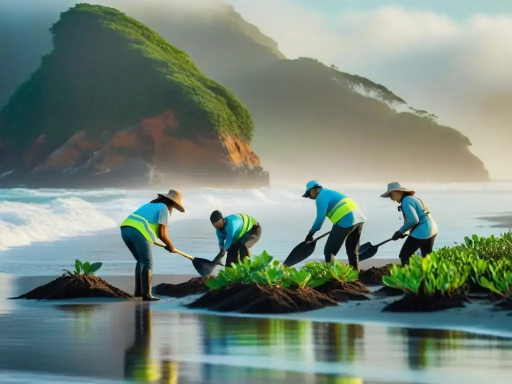 Voluntarios plantando manglares al amanecer: esperanza costera Un grupo de voluntarios plantando árboles nativos de mangle en la costa al amanecer