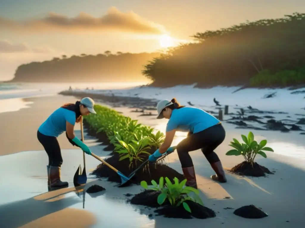 Plantación de manglares al amanecer: esperanza y trabajo en equipo Grupo de voluntarios plantando mangles al amanecer en la costa, reflejando proyectos conservación costera inspiradores