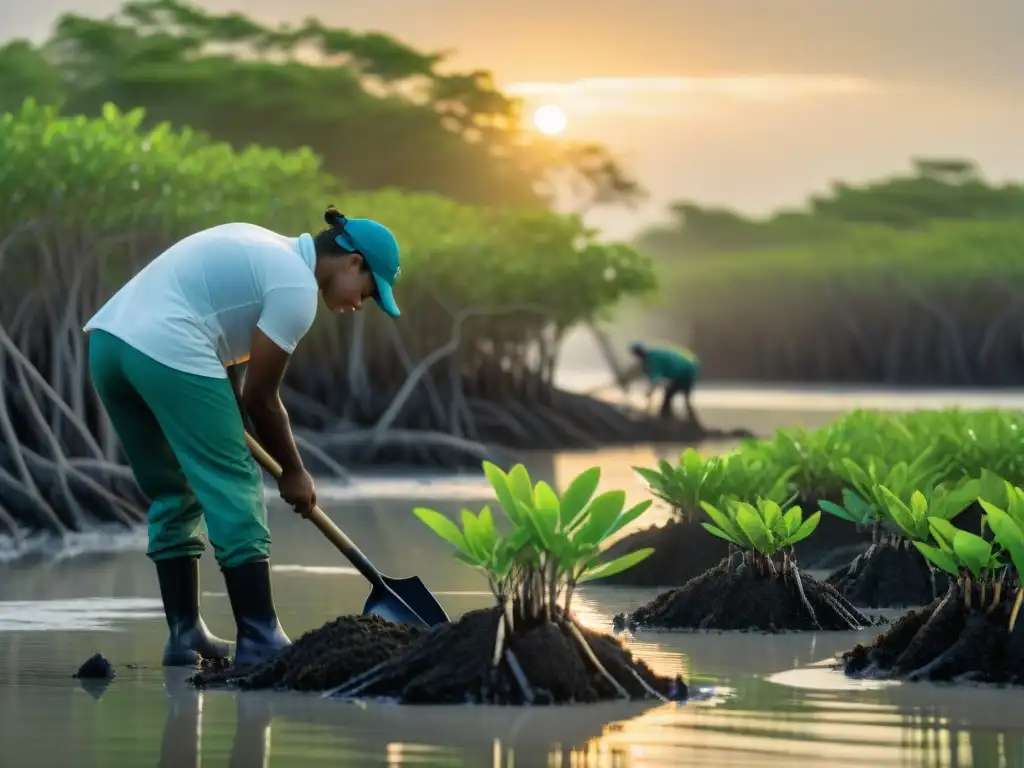 Plantación de manglares al amanecer: voluntarios en acción Grupo de voluntarios plantando mangles al amanecer en iniciativas de conservación costeras éxito