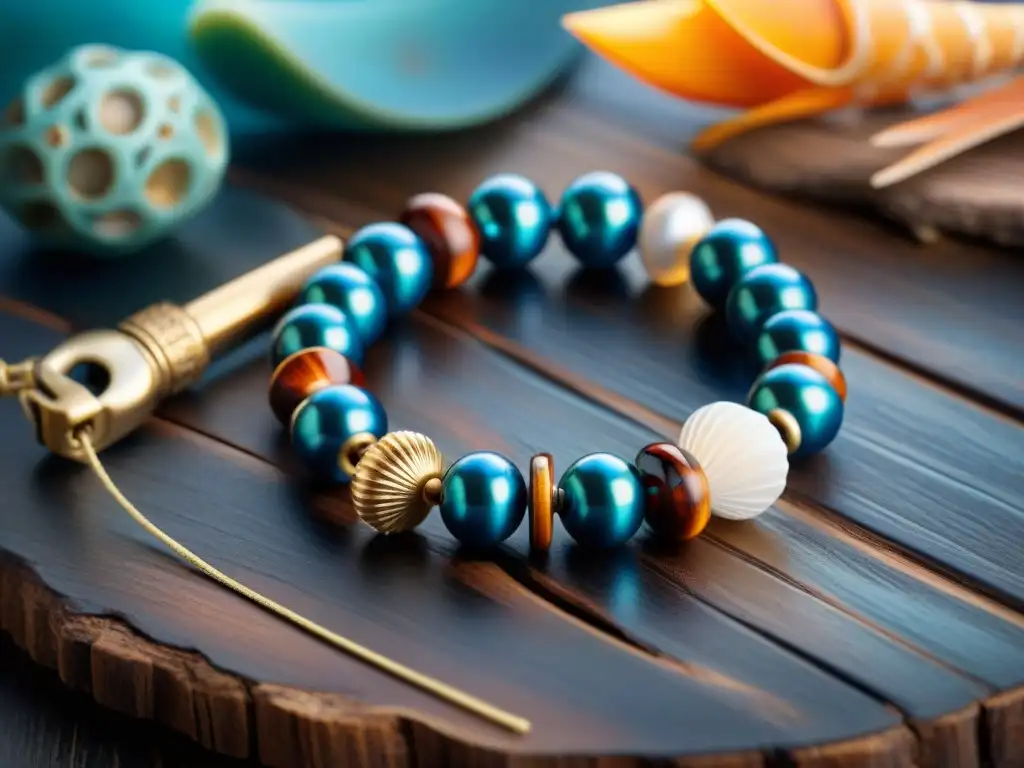 Artesano creando pulseras marinas únicas Un hábil artesano crea pulseras con motivos marinos únicas, tejiendo con detalle encantos inspirados en el mar