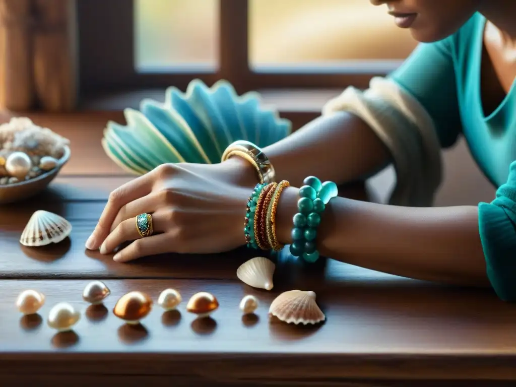 Artesano crea pulseras marinas con maestría Un hábil artesano crea pulseras con motivos marinos únicas, rodeado de conchas y gemas, en un taller cálido y luminoso