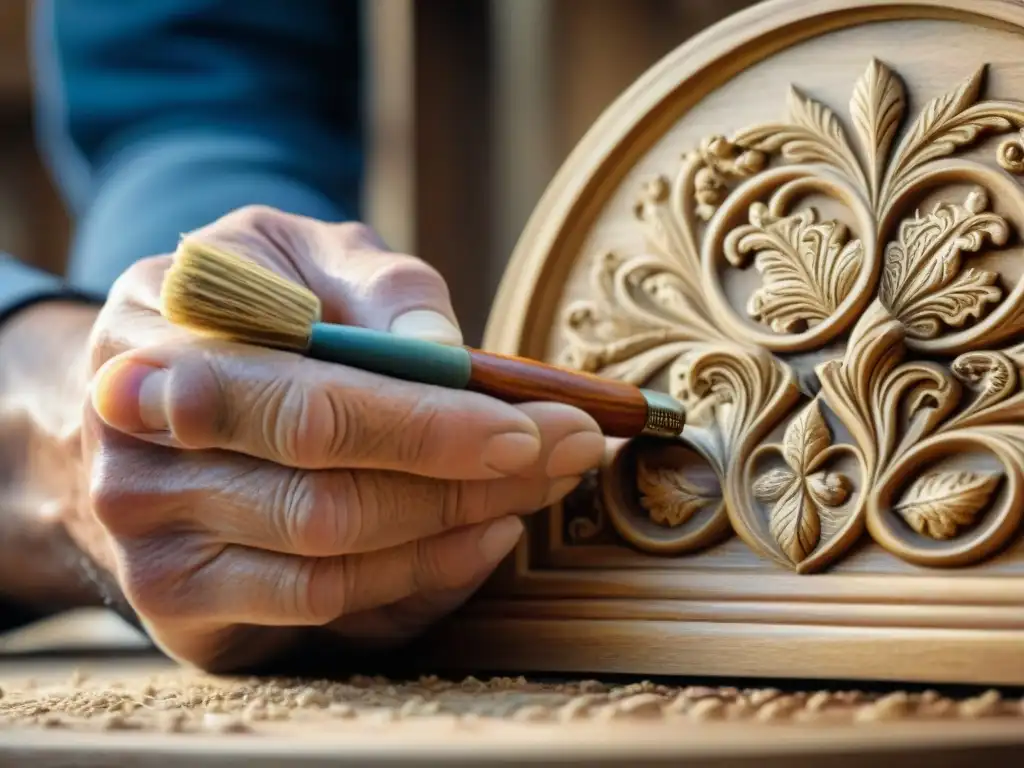 Restauración detallada de tallados en madera en propiedad costera Habilidosas manos restauran tallados de madera en propiedad costera, mostrando la precisión en la restauración de propiedades costeras