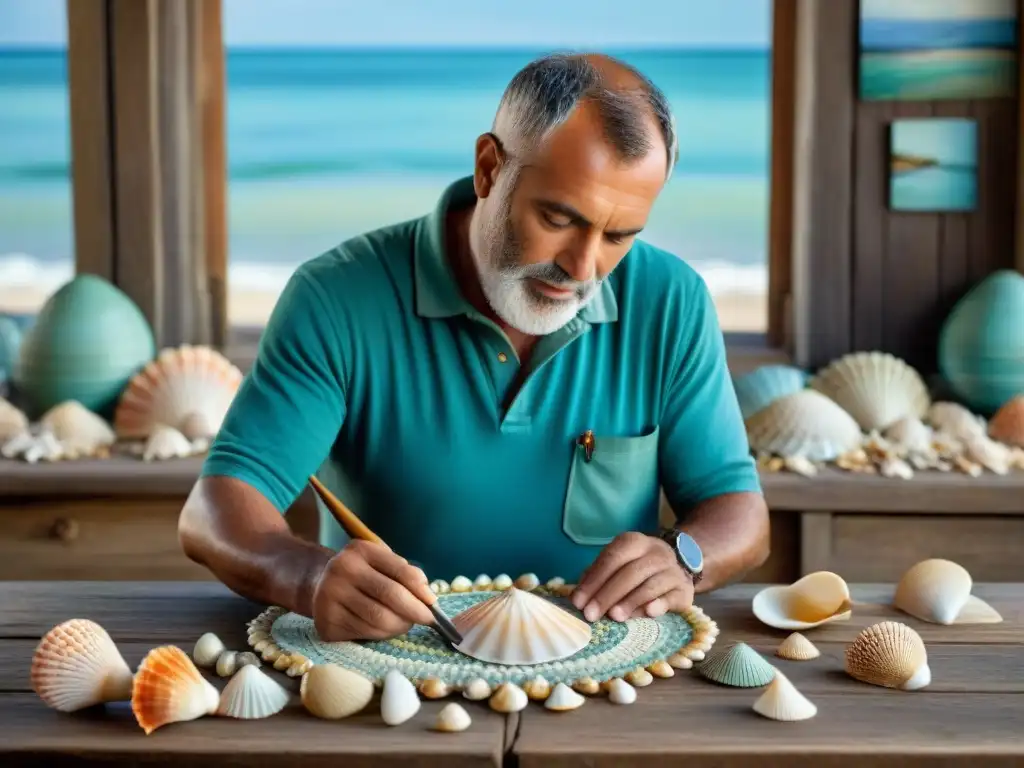 Artista marino creando mosaicos de conchas con precisión Un habilidoso artesano pesquero con manos curtidas por el sol crea una vibrante obra de arte con conchas marinas en una mesa de madera