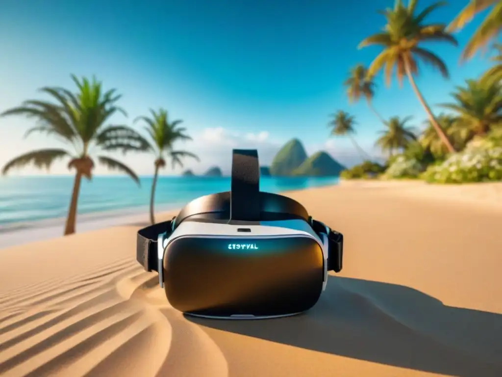 Realidad virtual en la playa: Detalles nítidos y paisaje sereno Headset de realidad virtual en una playa tropical, reflejando detalles nítidos
