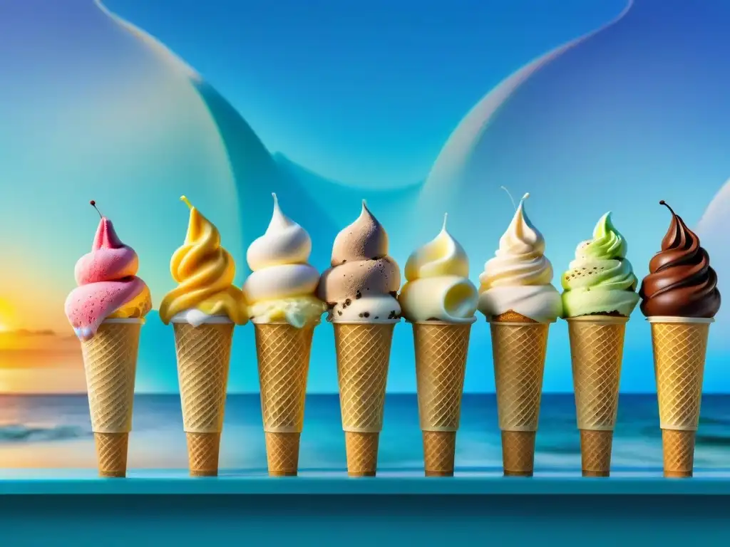 Delicias heladas en verano: sabores artesanales en heladería costera Una heladería costera con sabores únicos: fila de helados artesanales coloridos en ambiente playero y alegre
