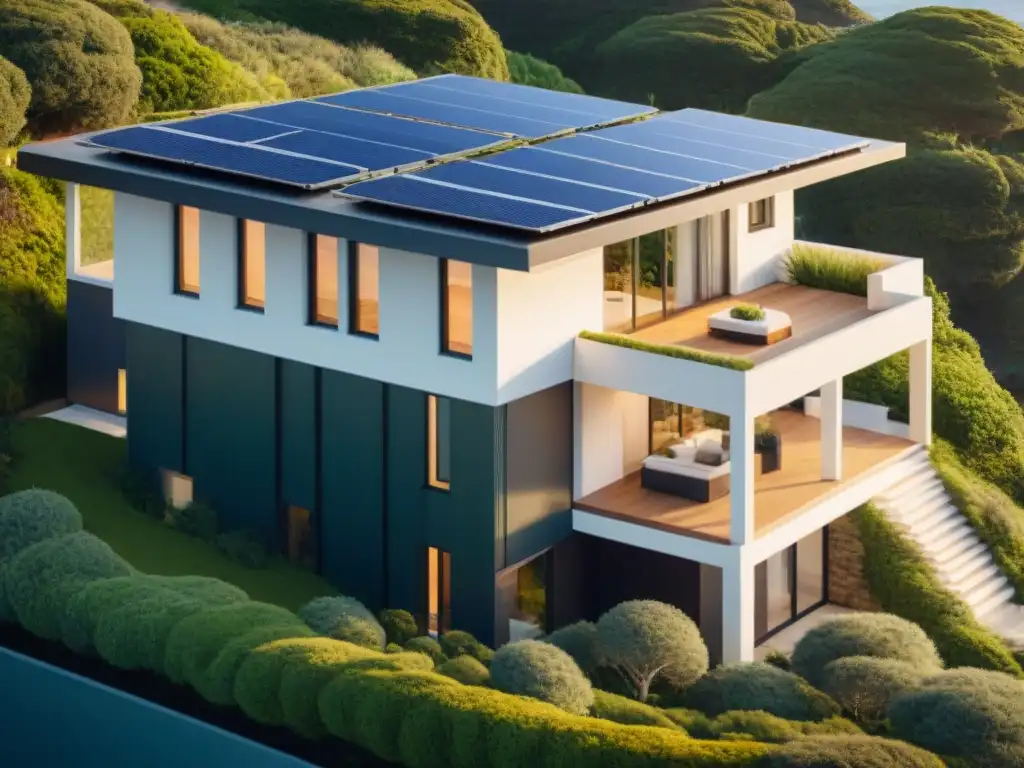 Hogar costero eco-amigable con paneles solares y paisajismo verde Hermosa casa costera ecoamigable con paneles solares, sistema de recolección de agua de lluvia y jardín verde