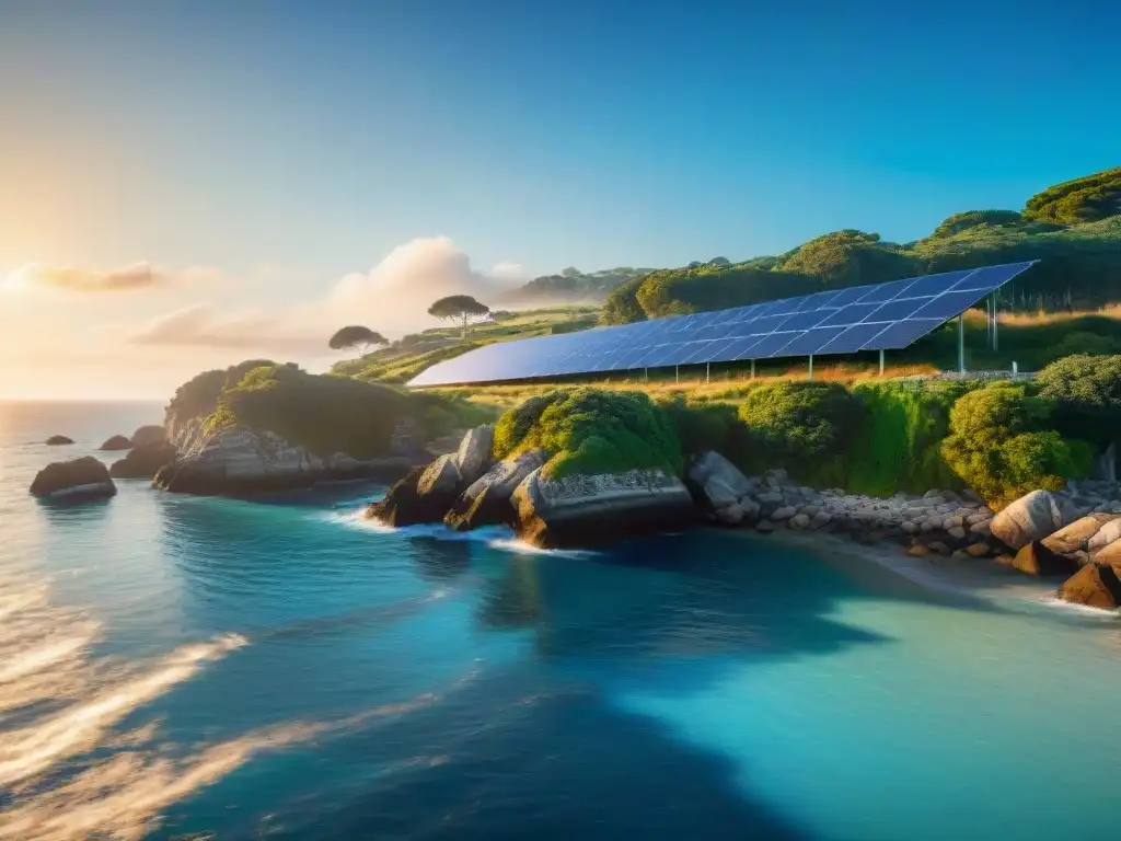 Propiedad costera con paneles solares integrados y paisaje iluminado Hermosa casa costera con paneles solares integrados, reflejando la luz del sol