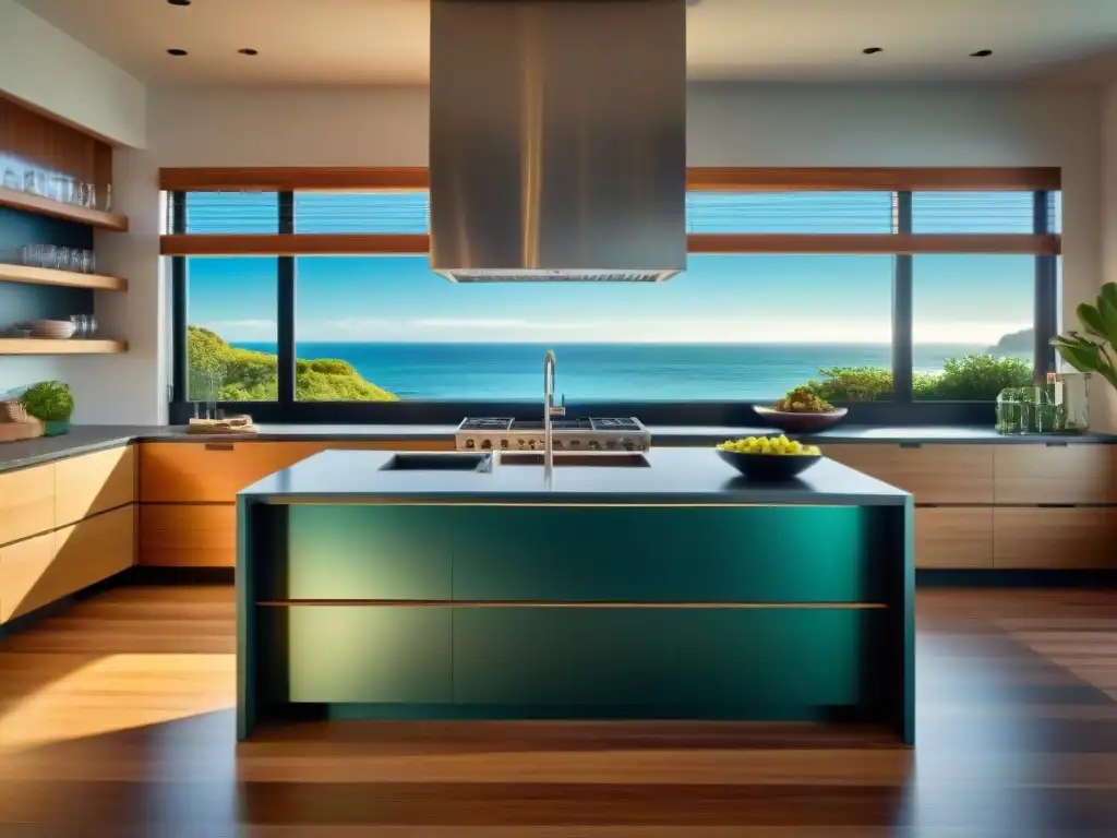 Cocina eco-sostenible de lujo en casa costera Hermosa cocina moderna con materiales sostenibles para hogar costero