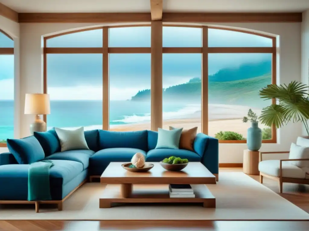 Sala costera serena con vista al mar, tonos neutros y elementos naturales Hermosa decoración costera con elementos naturales en sala frente al mar, tonos neutros y toques de azules y verdes