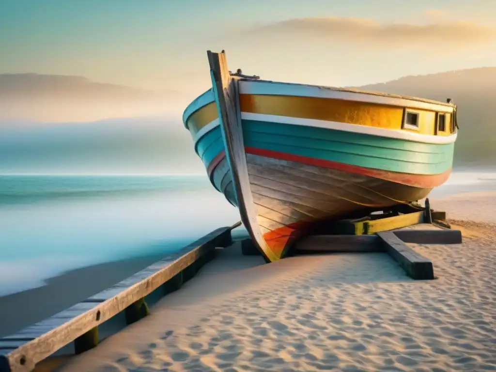 Barca de pesca al amanecer: textura y serenidad Una hermosa fotografía costera emocionante de un bote de pesca de madera en la playa al amanecer, con gaviotas