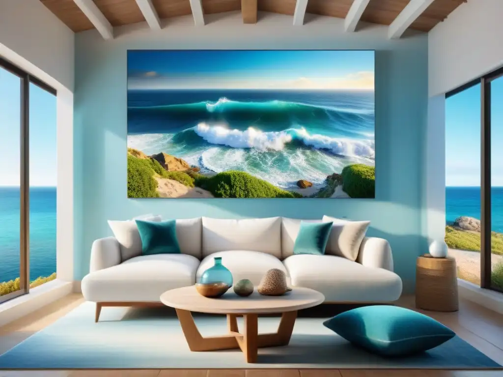 Salón costero sereno: decoración en azul y arena con vistas al mar Hermosa decoración costera para hogar en sala de estar junto al mar: muebles de madera a la deriva, conchas y arte marino