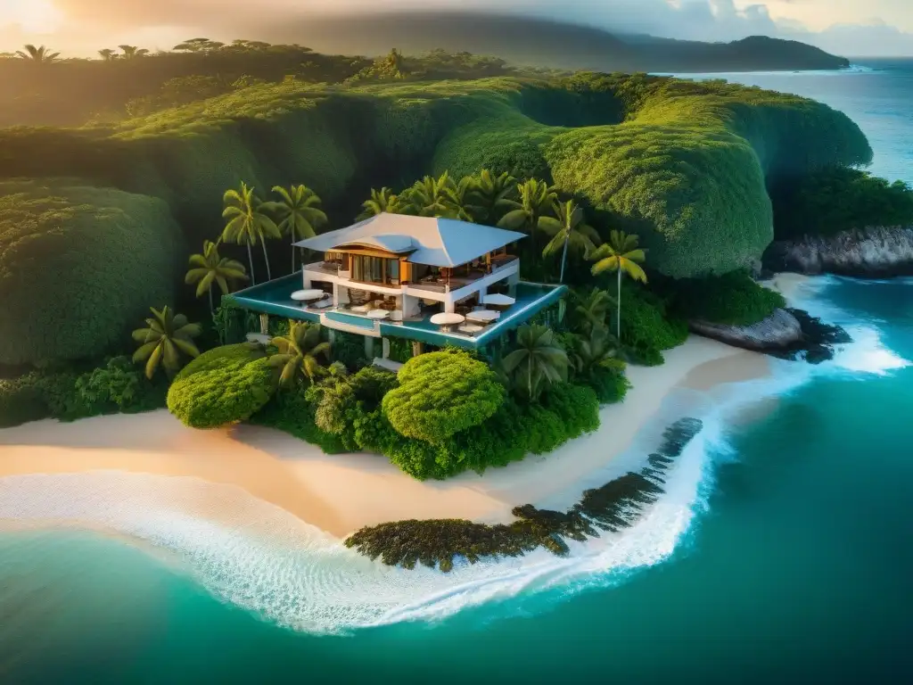 Villa de lujo frente al mar al atardecer: belleza natural y arquitectura Hermosa villa frente al mar en atardecer, rodeada de exuberante vegetación tropical, olas suaves