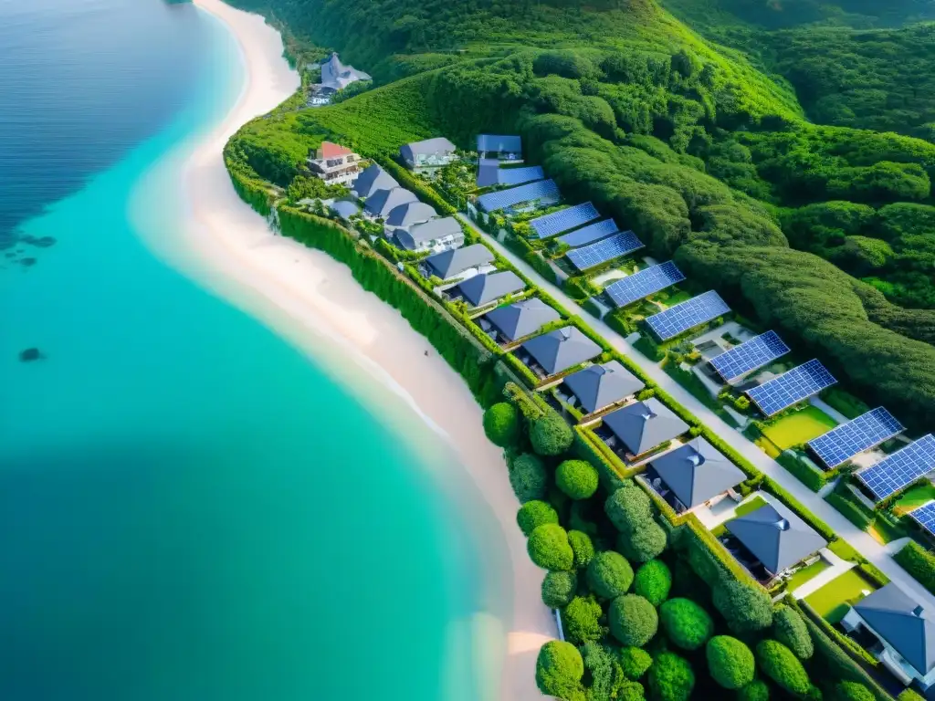Viviendas sostenibles en playa paradisíaca Hermosa integración de hipotecas verdes costeras en un pueblo costero con casas solares, jardines verdes y playa turquesa