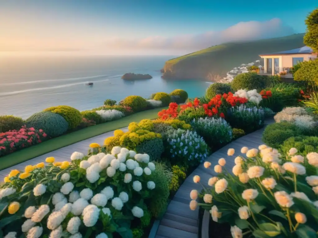 Propiedad costera impecable al amanecer: jardín vibrante y vista al mar Hermosa propiedad costera al amanecer con jardín y vista al mar