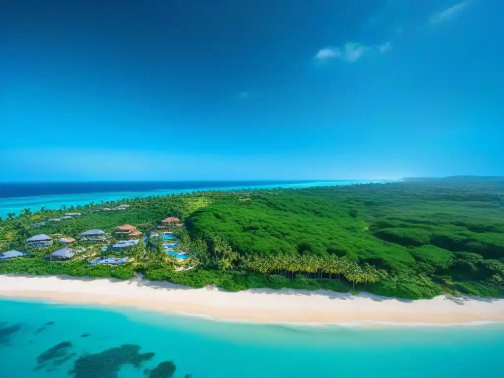 Costa de ensueño: lujo y naturaleza en destino playero Hermosa vista aérea de la costa con aguas turquesas, playas doradas y villas lujosas