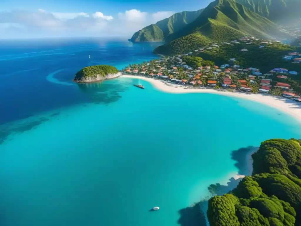 Encantador pueblo costero: colores vibrantes y paisaje paradisíaco Hermosa vista aérea de un pintoresco pueblo costero entre el mar turquesa y montañas verdes, representando el hogar ideal costa propiedades costeras