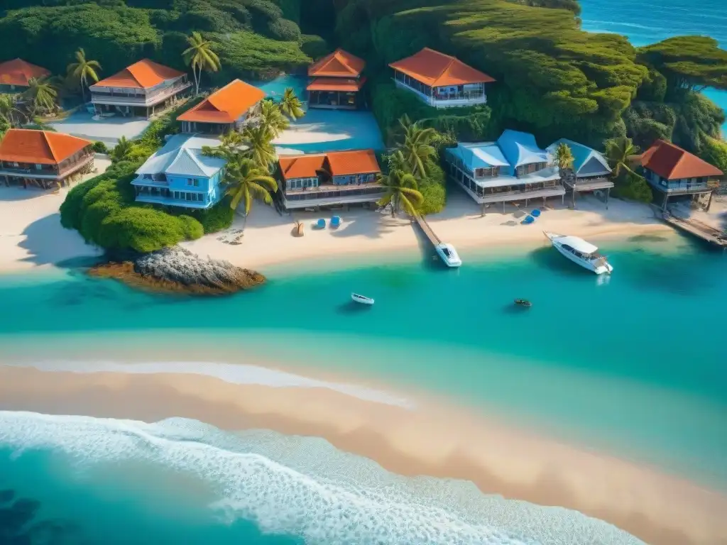 Encantador pueblo costero con casas coloridas y vista al mar Hermosa vista aérea de un pueblo costero con propiedades coloridas y terracota junto al mar, evocando un hogar ideal costa propiedades costeras