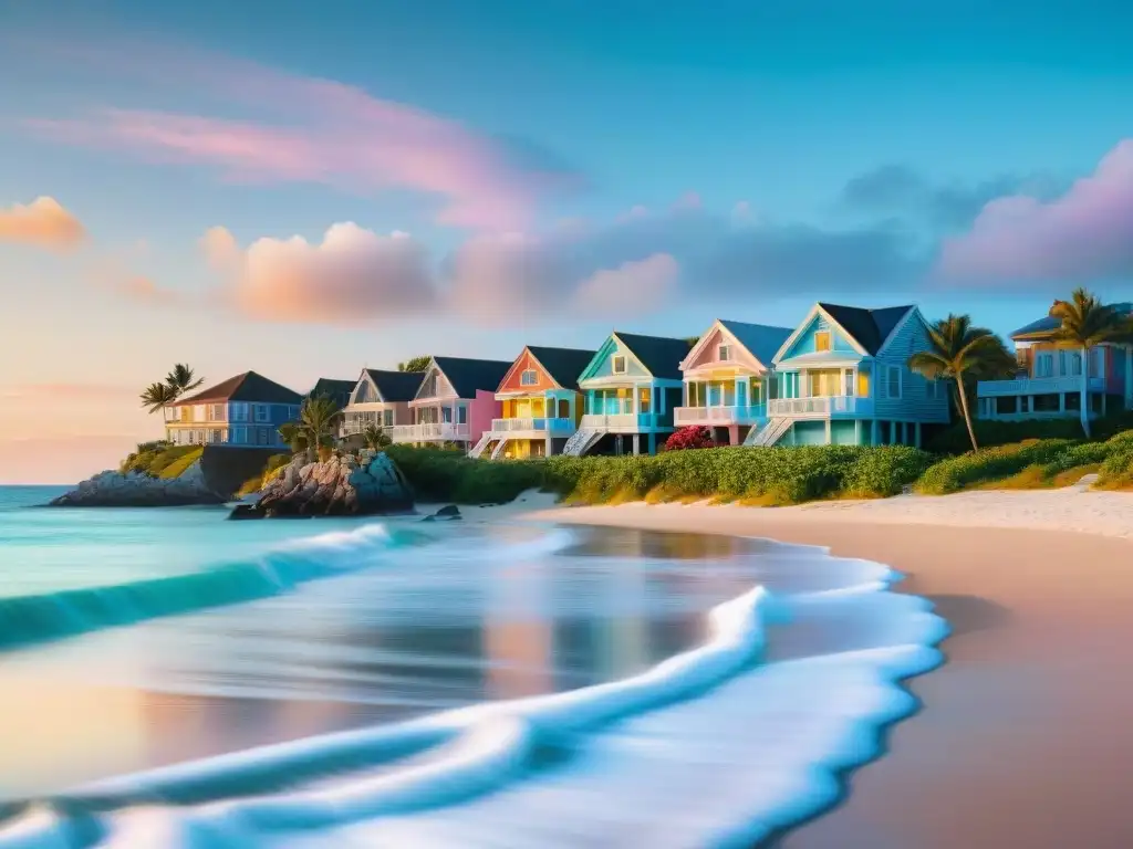 Vistas al mar al amanecer: casas de playa coloridas en entorno sereno Hermosa vista costera al amanecer con casas de playa coloridas, transmitiendo tranquilidad y lujo