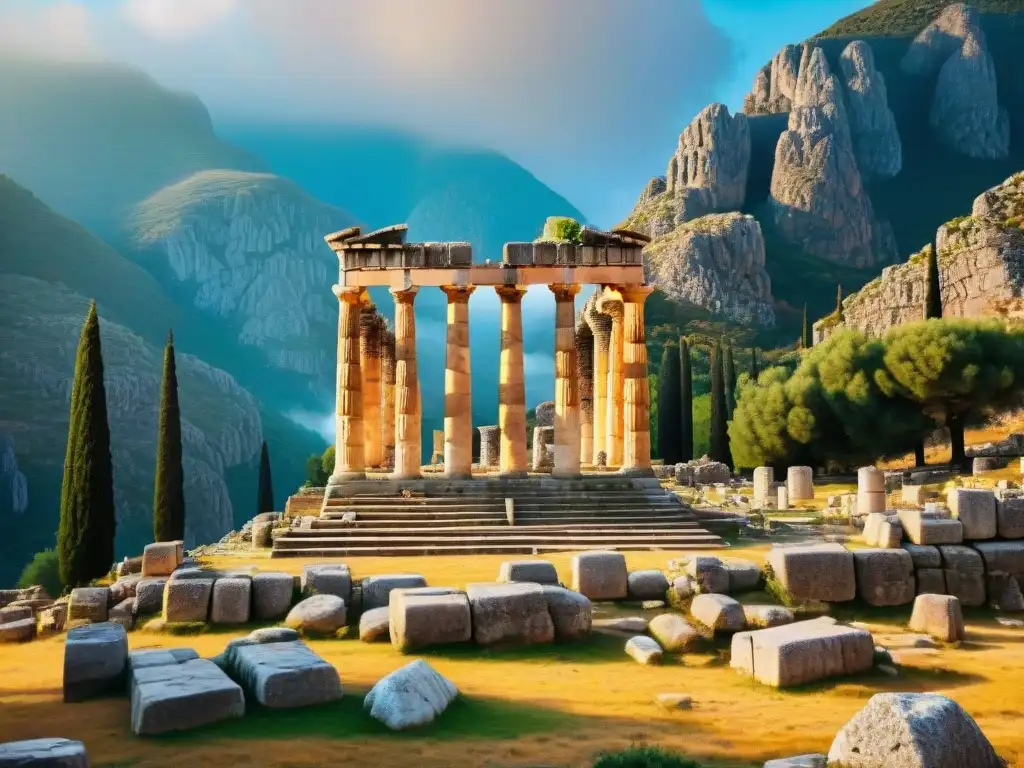 Ruinas del Templo de Apolo en Delphi: Misterio y Majestuosidad Hermosas ruinas del Templo de Apolo en Delphi, Grecia, bañadas por la cálida luz dorada del atardecer