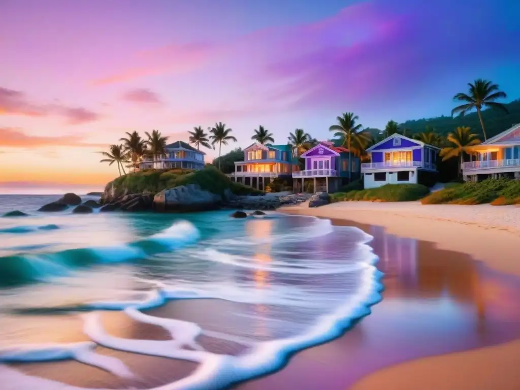 Escena costera al atardecer: hogar ideal junto al mar Hermoso atardecer en un pintoresco pueblo costero, con propiedades coloridas y playa serena