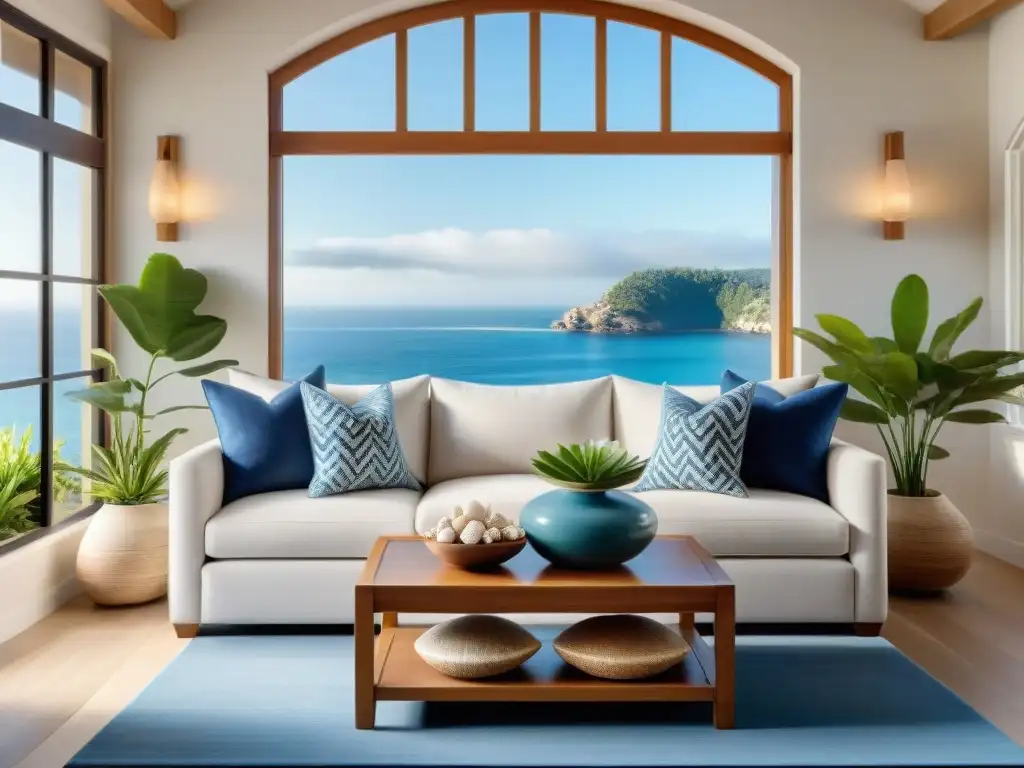 Serenidad costera: sala Feng Shui con vista al mar Hermoso salón costero con diseño Feng Shui, ventana al mar, sofá neutro y detalles azules, mesa de café de madera y plantas decorativas