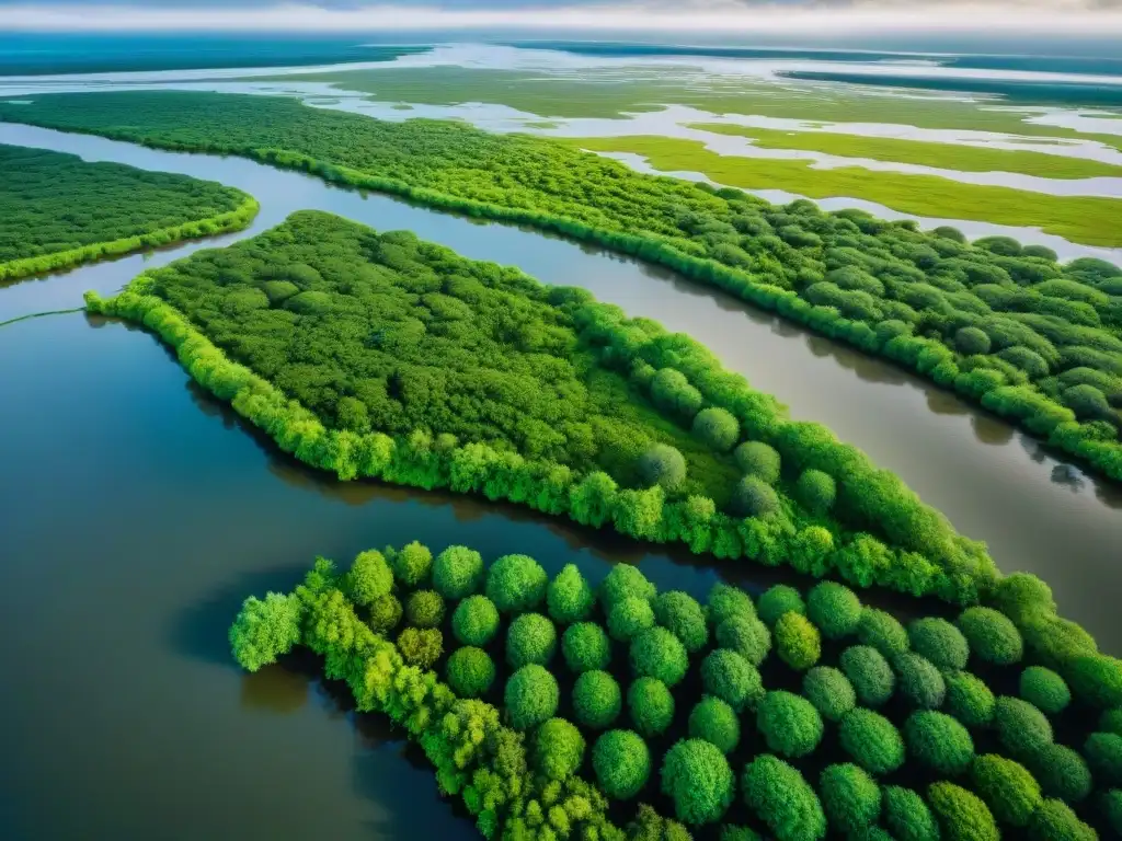 Delta fluvial: diversidad y equilibrio en la naturaleza Hermoso delta de río con diversa vida salvaje y exuberante vegetación, destacando la importancia de la protección deltas río amenazas