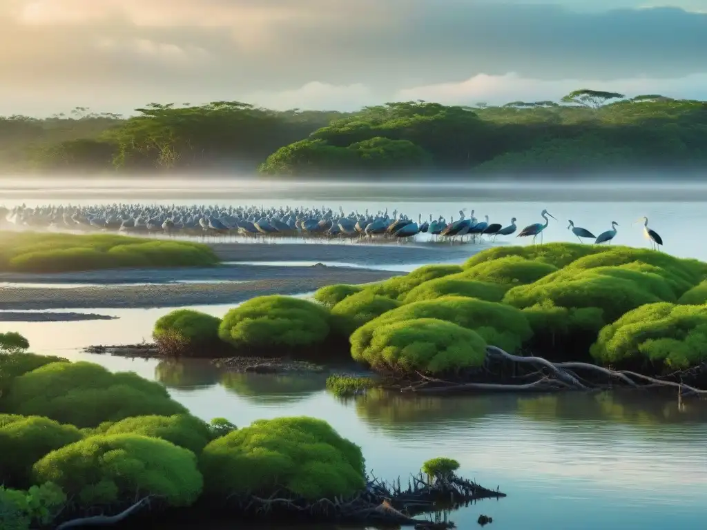 Maravilloso hábitat estuarino: diversidad, manglares y aves Hermoso ecosistema de estuario con diversa vida silvestre y manglares, destacando la Importancia de los estuarios marinos