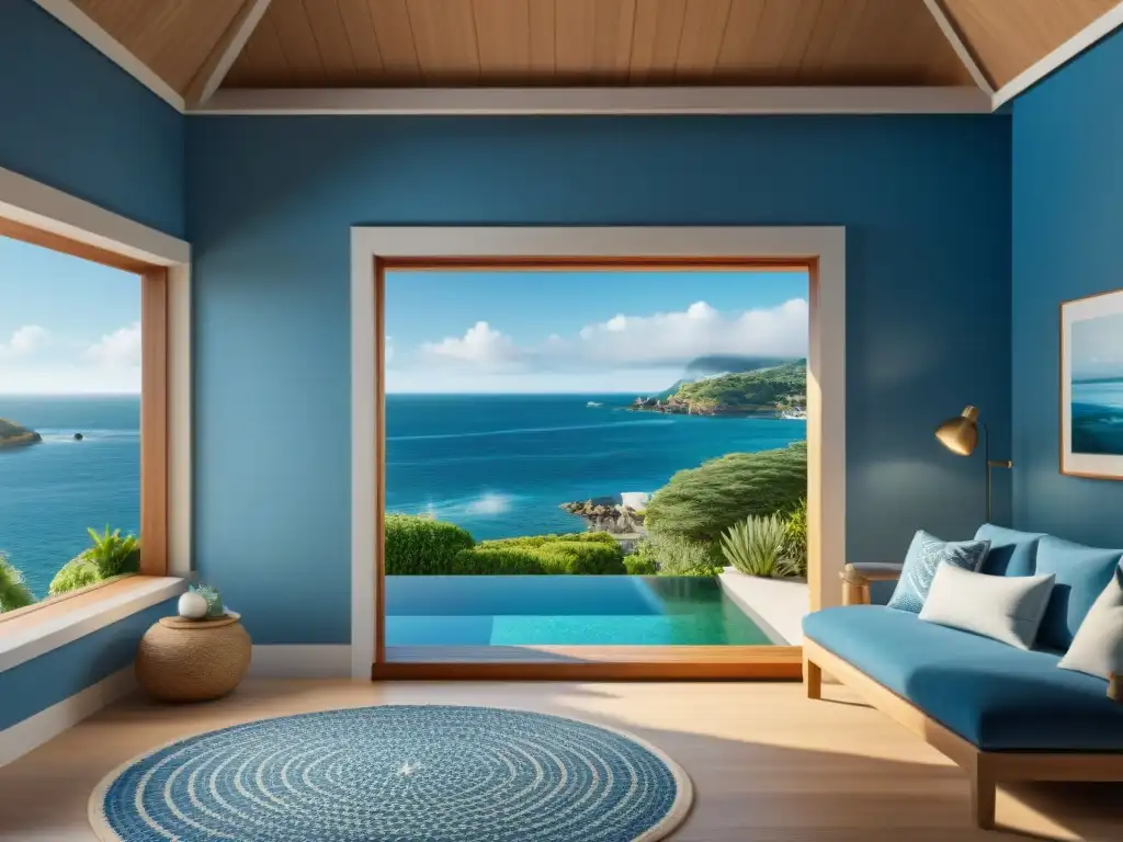 Villa costera: hogar azul junto al mar en 8k Hermoso hogar costero con paleta de colores inspirada en el mar, rodeado de naturaleza exuberante y cielo azul