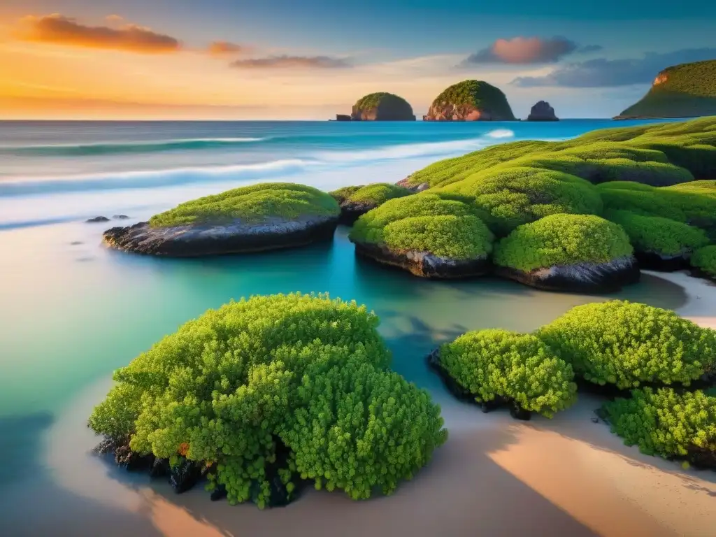 Baile de flora y fauna costera en atardecer vibrante Un hermoso paisaje sostenible en costa, con manglares verdes y sebadales en armoniosa danza frente a un atardecer vibrante