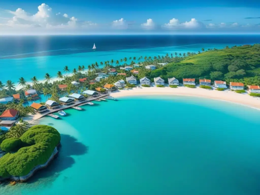 Costa tropical con playas de ensueño y casitas coloridas Hermoso pueblo costero con aguas turquesas, playas de arena y casas coloridas, ideal para hipotecas para propiedades costeras