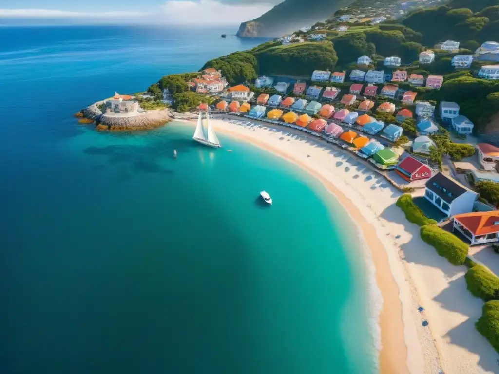 Vibrante pueblo costero: casas coloridas, marina y playa Hermoso pueblo costero con casas coloridas frente al mar, un puerto lleno de veleros y una playa de ensueño