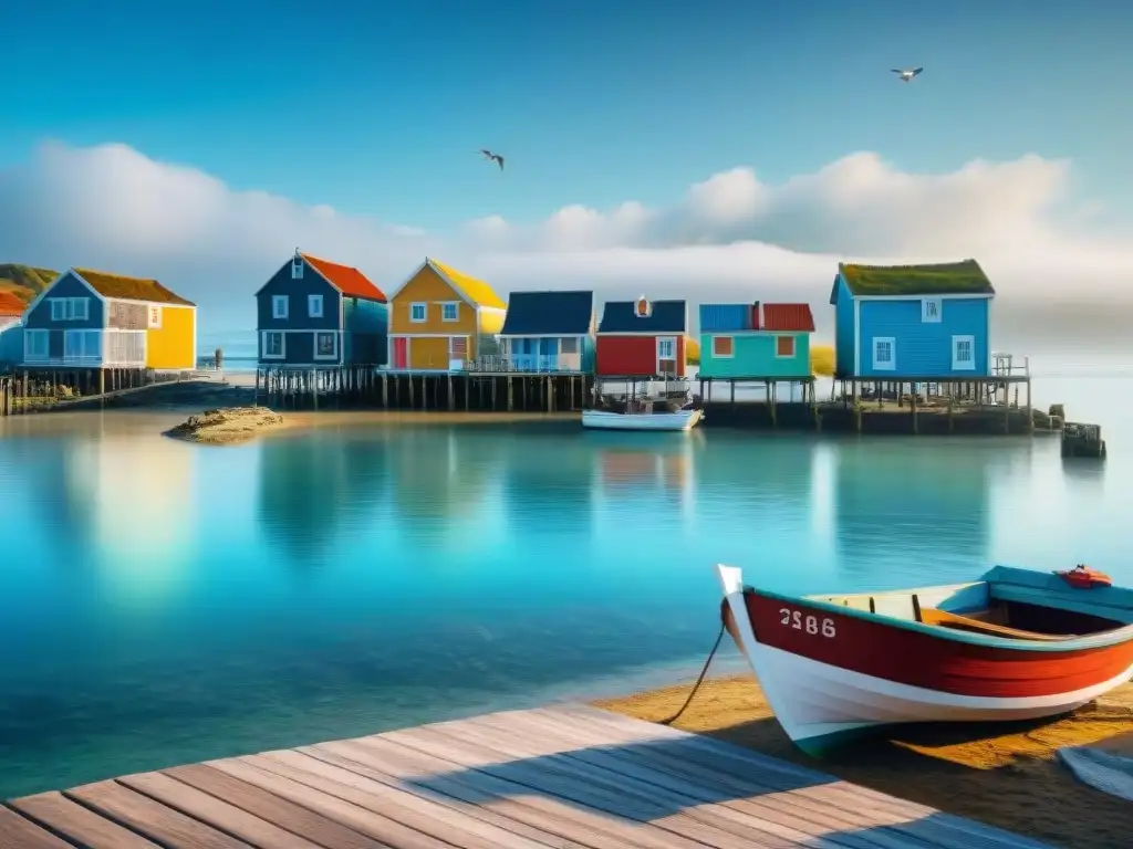 Pintoresco pueblo costero: casas coloridas, barco de pesca y gaviotas Hermoso pueblo costero con casas coloridas, barco de pesca y gaviotas
